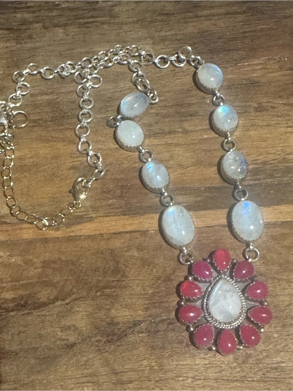 Sterling Silver Moonstone Necklace with hot Pink opal Teardrop Accents